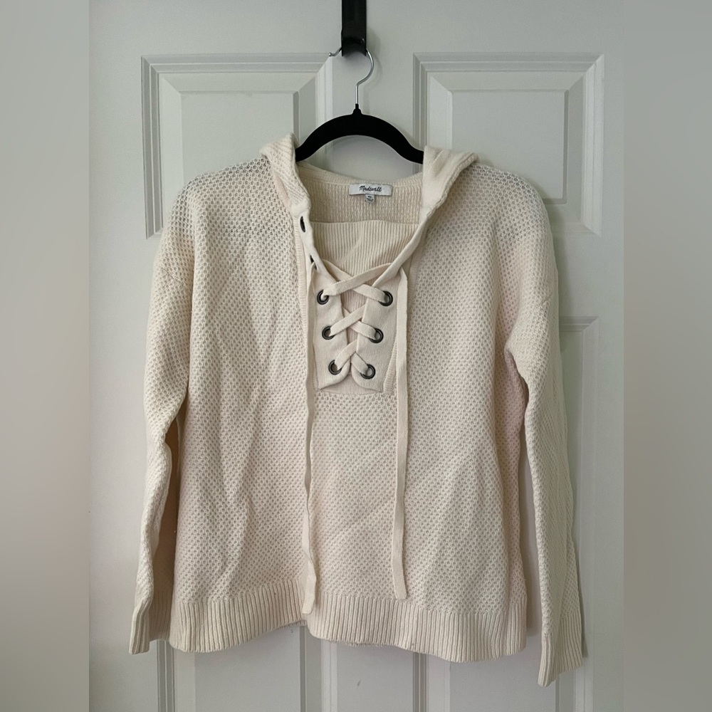 Madewell Jameson lace up wool hoodie sweater-ivory, XS